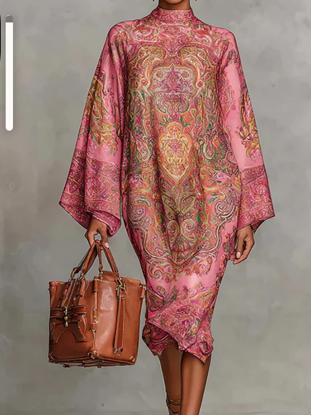 Uoozee Elegant Pink Paisley Midi Dress with High Neck
Size M